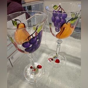 Set of 2 Hand Painted Glasses Goblets Wine Water Cherries Pears Grapes Fruit